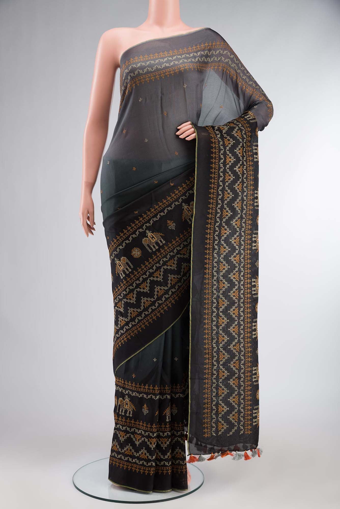Multi Color Blended Art Silk Saree with Embroidery on the body and Embroidery Border.  displayed on a mannequin