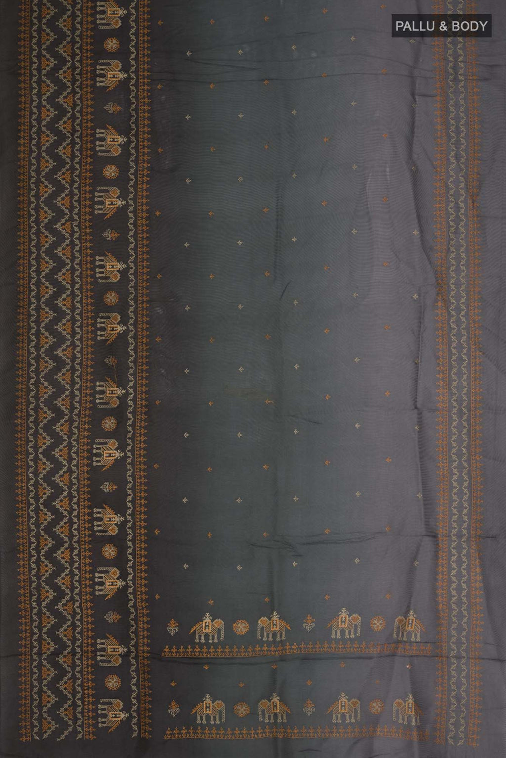 Flat view of Multi Color Blended Art Silk Saree with Embroidery on the body and Embroidery Border. 