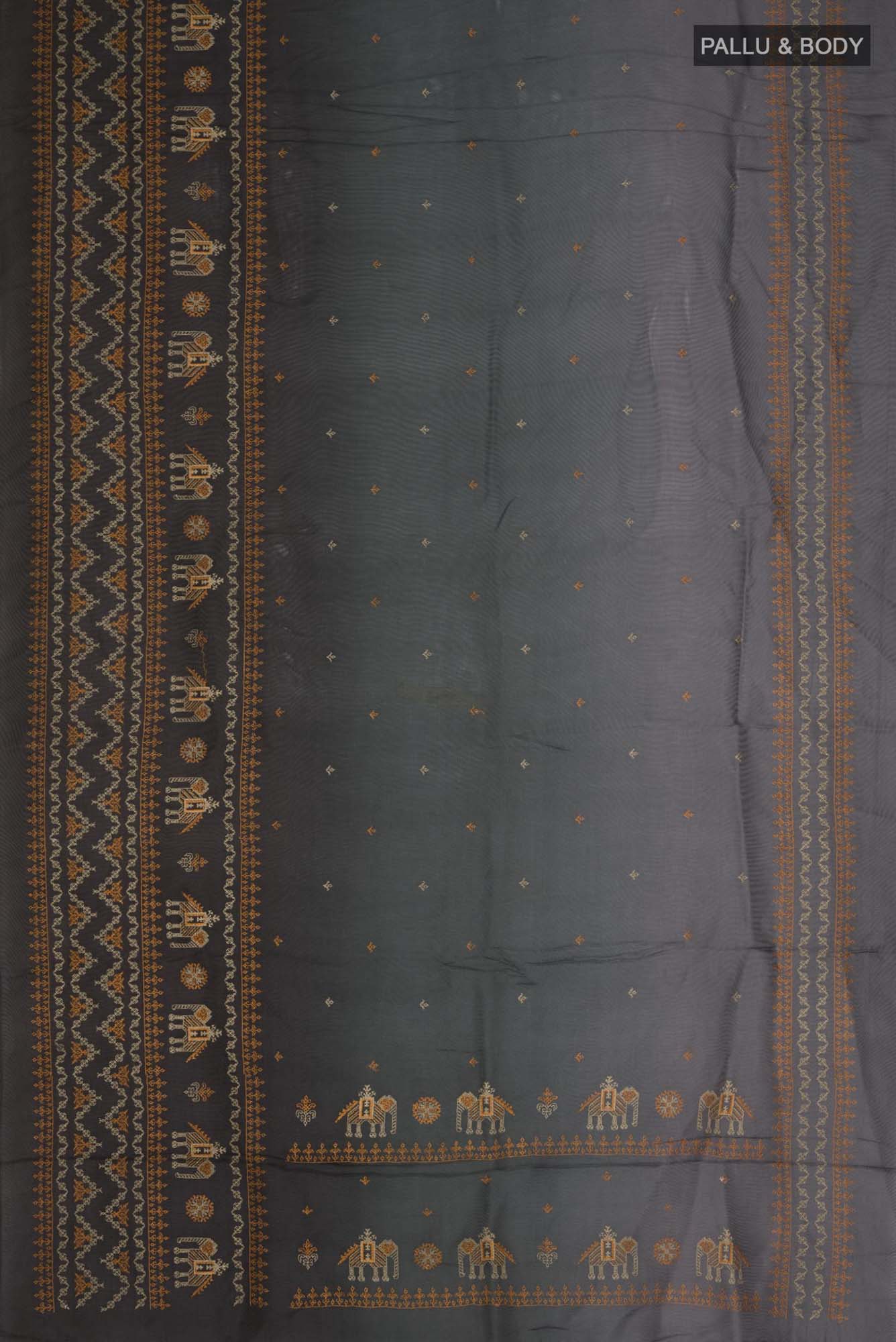 Flat view of Multi Color Blended Art Silk Saree with Embroidery on the body and Embroidery Border. 