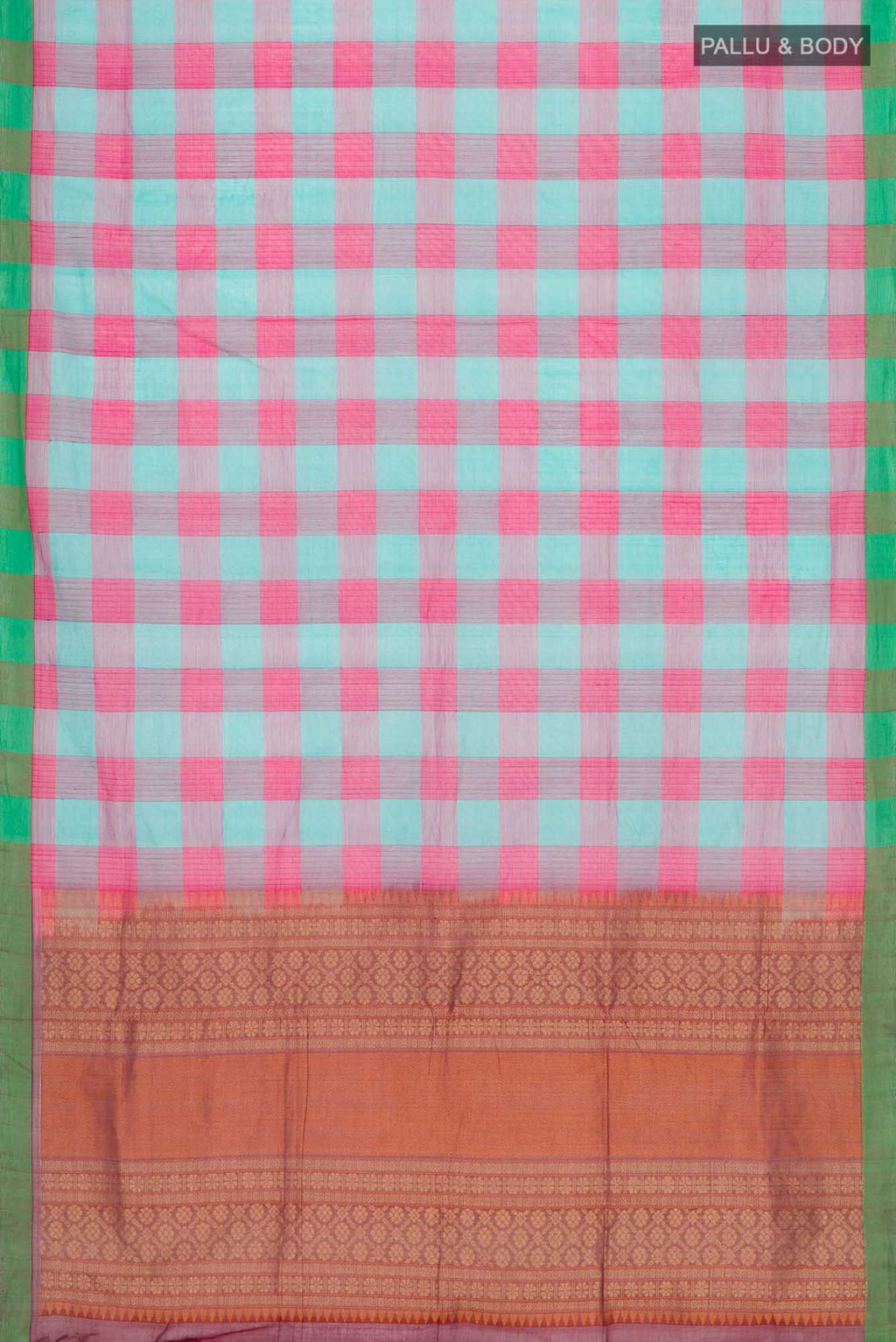 Flat view of Multi Color Coimbatore Cotton Saree with Checked design on the body and Plain Border. 