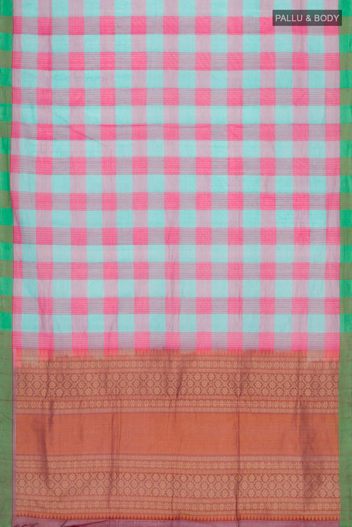 Flat view of Multi Color Coimbatore Cotton Saree with Checked design on the body and Plain Border. 