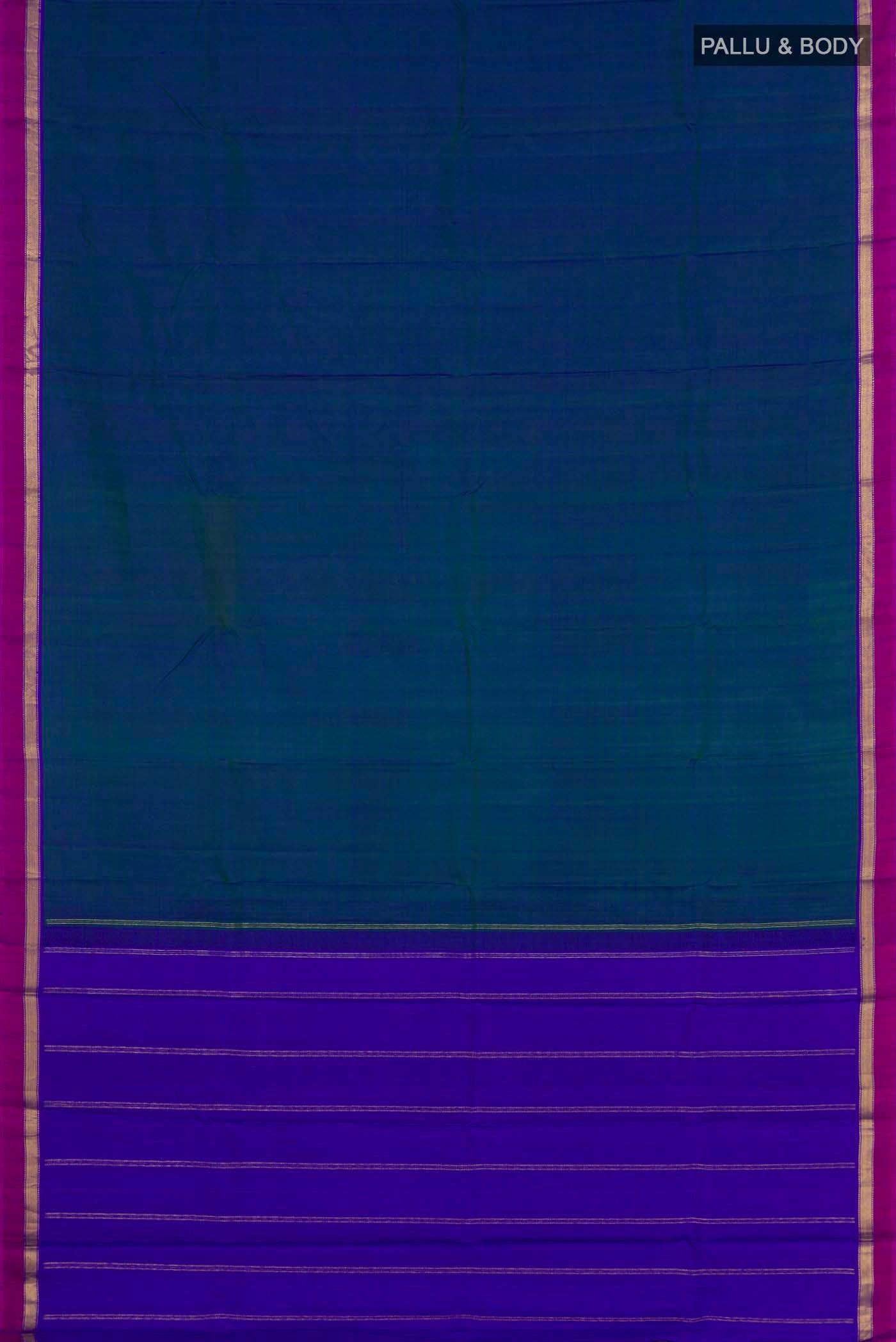 Flat view of Blue with Green Color Kanchipuram Silk Saree with Plain Body and Zari Border. 