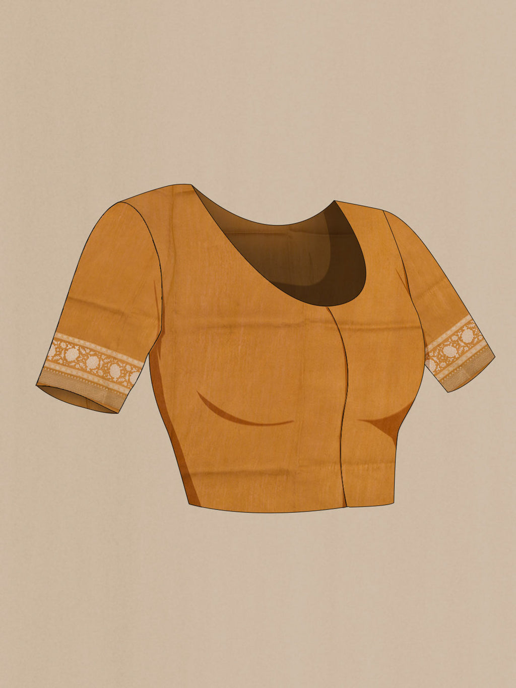 Close up image of the blouse of Yellow Bhagalpuri Tussar Silk Saree with Floral Print on the body and Zari Border. 