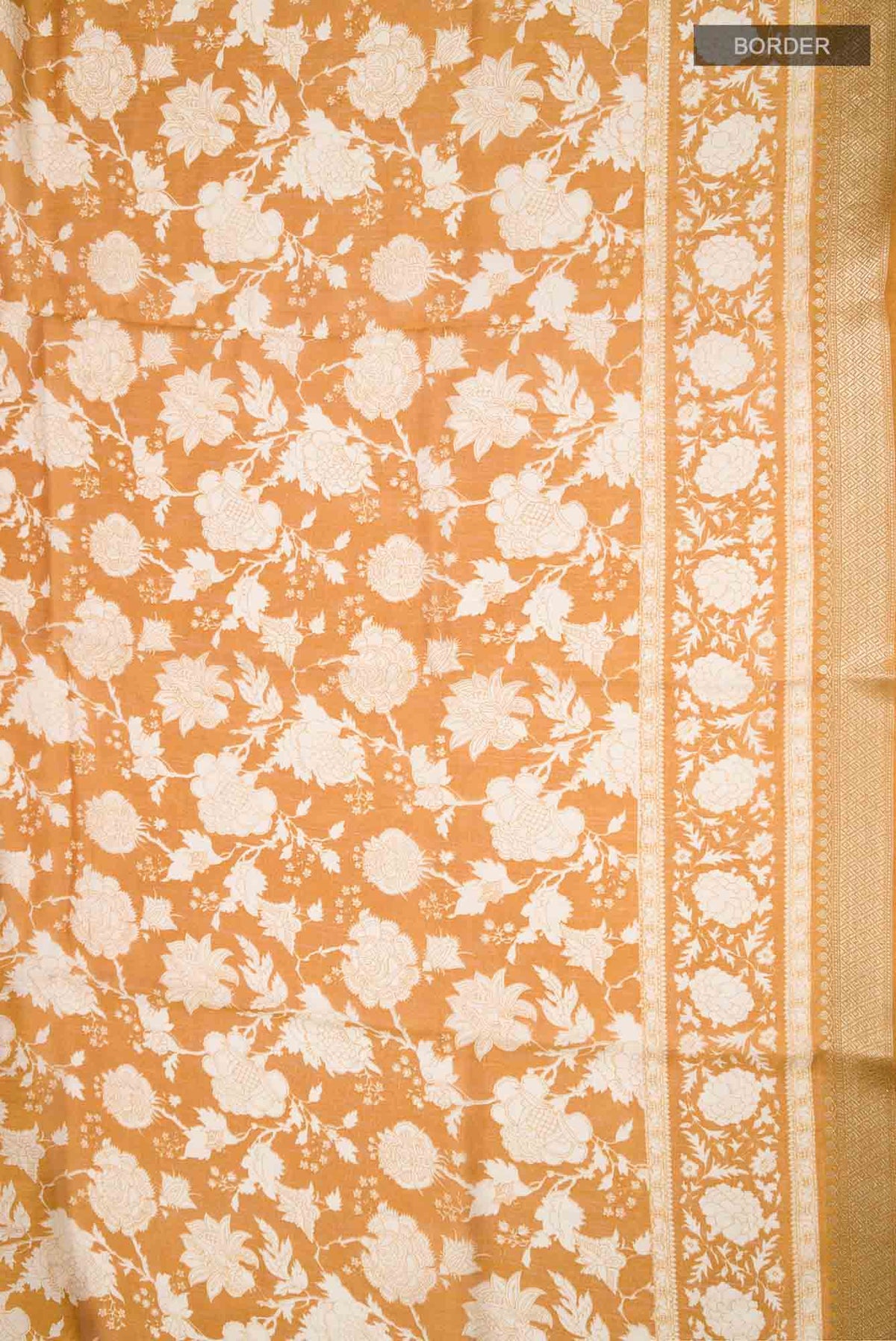 Border image of Yellow Bhagalpuri Tussar Silk Saree with Floral Print on the body and Zari Border. 