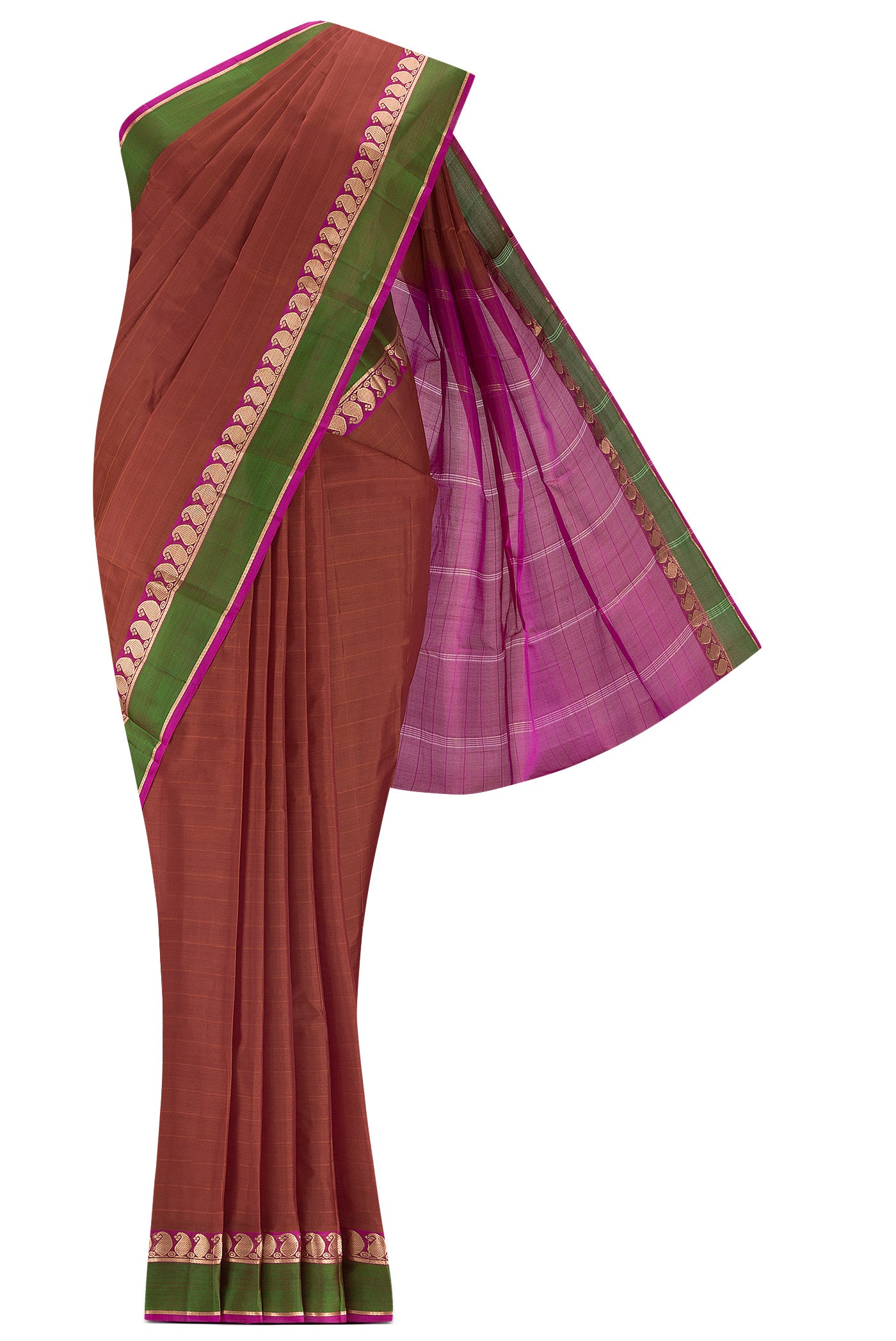 Orange Kanchipuram Silk Saree with Stripes on the body and Zari Border.  displayed on a mannequin