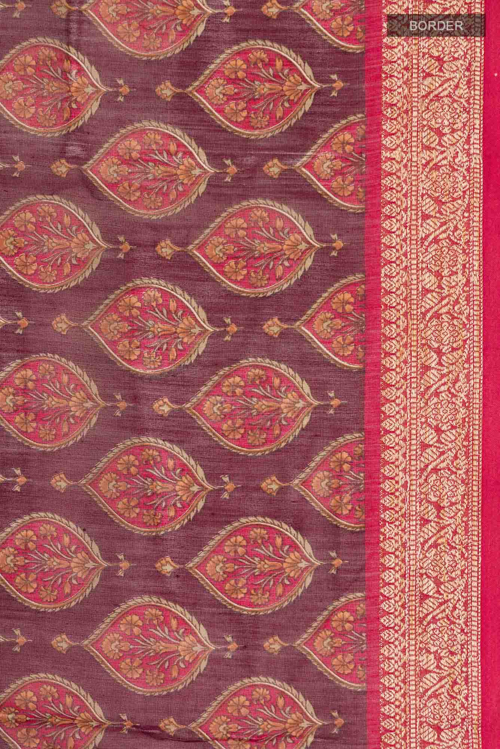 Border image of Maroon Silk Cotton Saree with Floral Print on the body and Zari Border. 