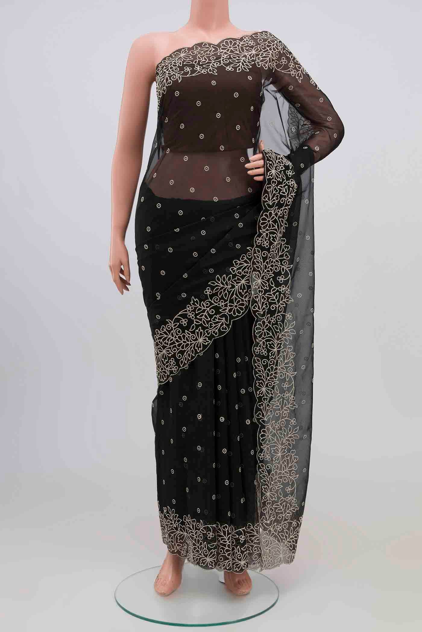 Black Blended Organza Silk Saree with Embroidery on the body and Embroidery Border.  displayed on a mannequin