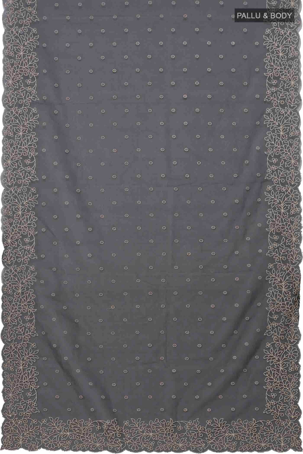Flat view of Black Blended Organza Silk Saree with Embroidery on the body and Embroidery Border. 
