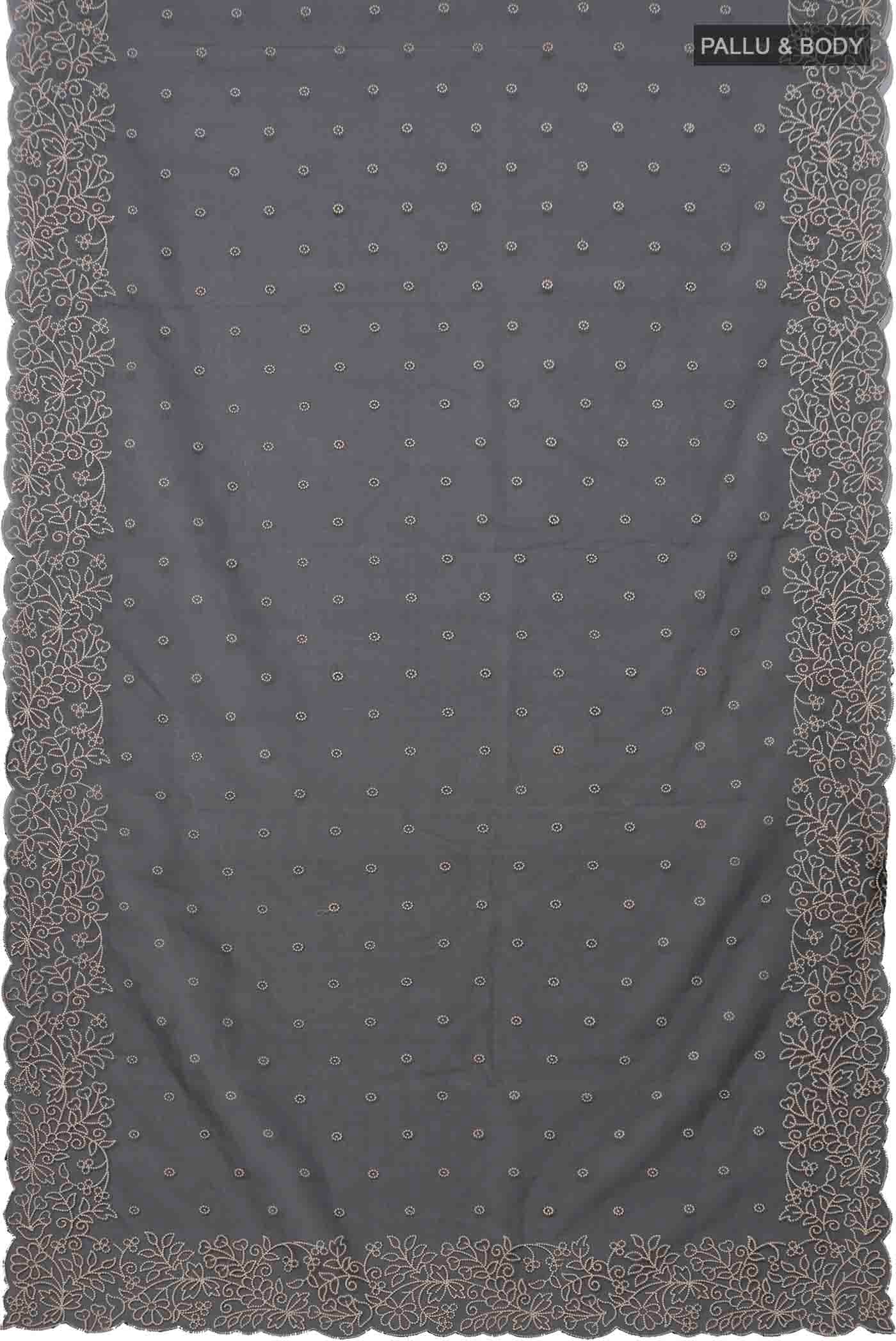 Flat view of Black Blended Organza Silk Saree with Embroidery on the body and Embroidery Border. 