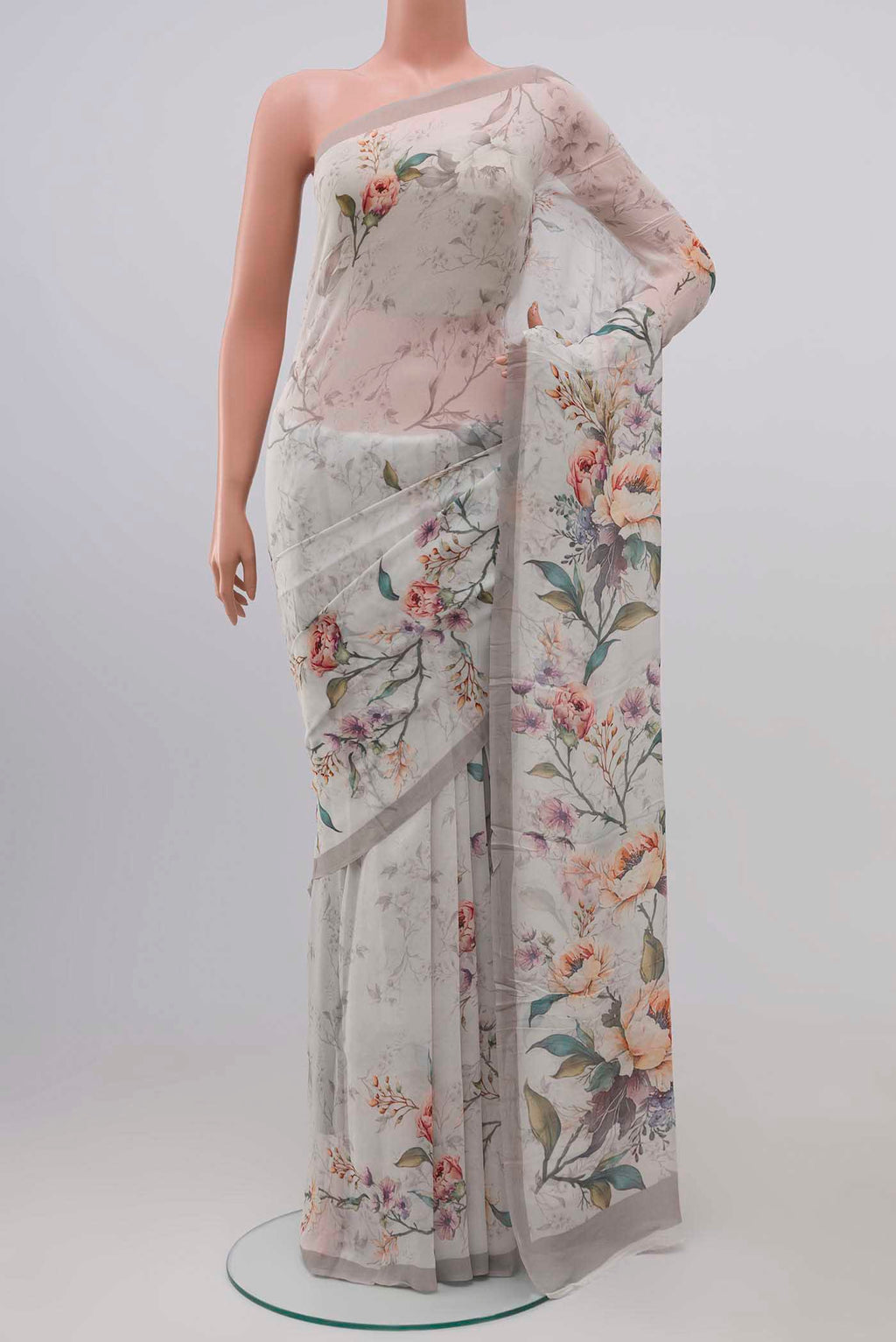 Off White Blended Georgette Saree with Stripes on the body and Plain Border.  displayed on a mannequin