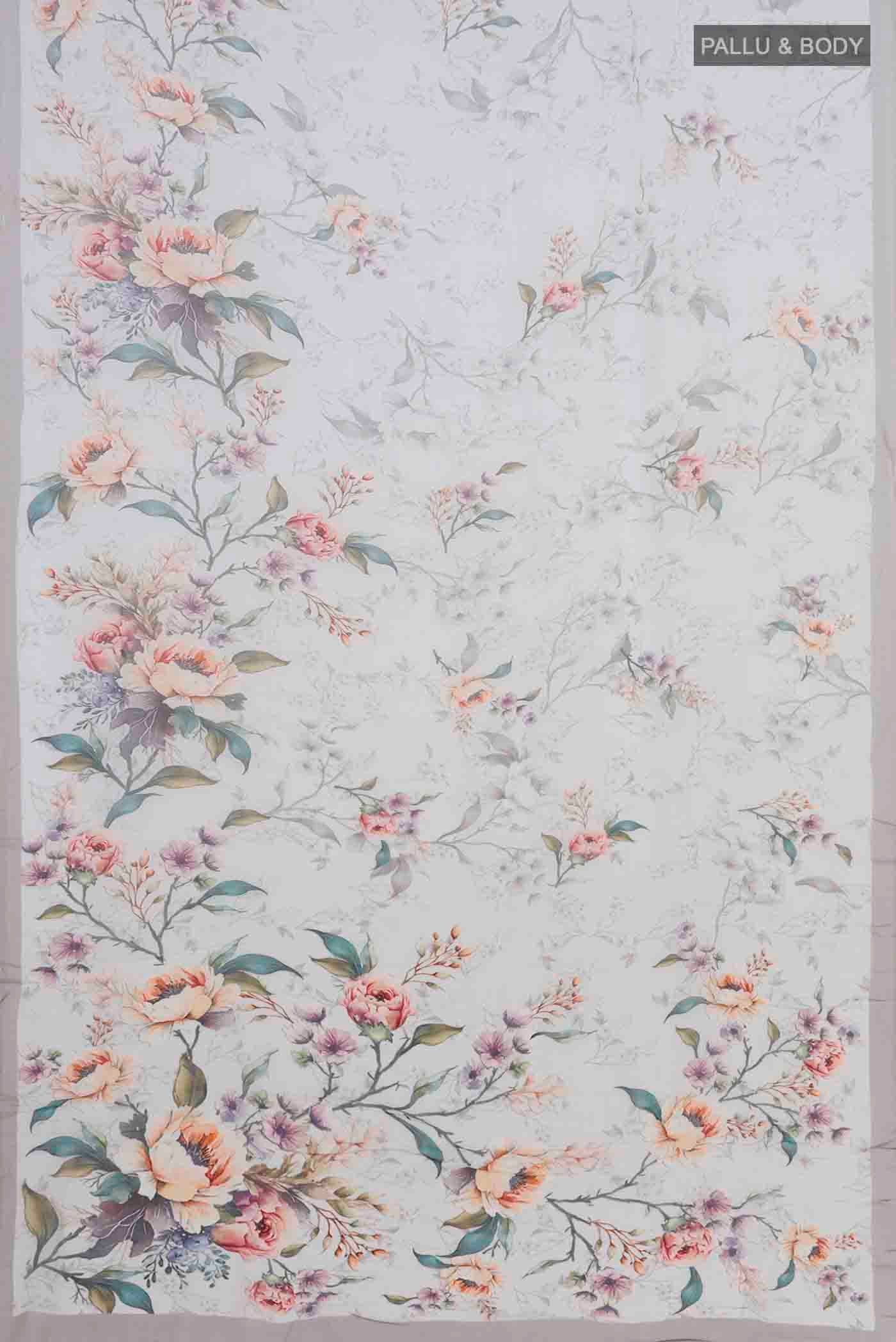 Flat view of Off White Blended Georgette Saree with Stripes on the body and Plain Border. 