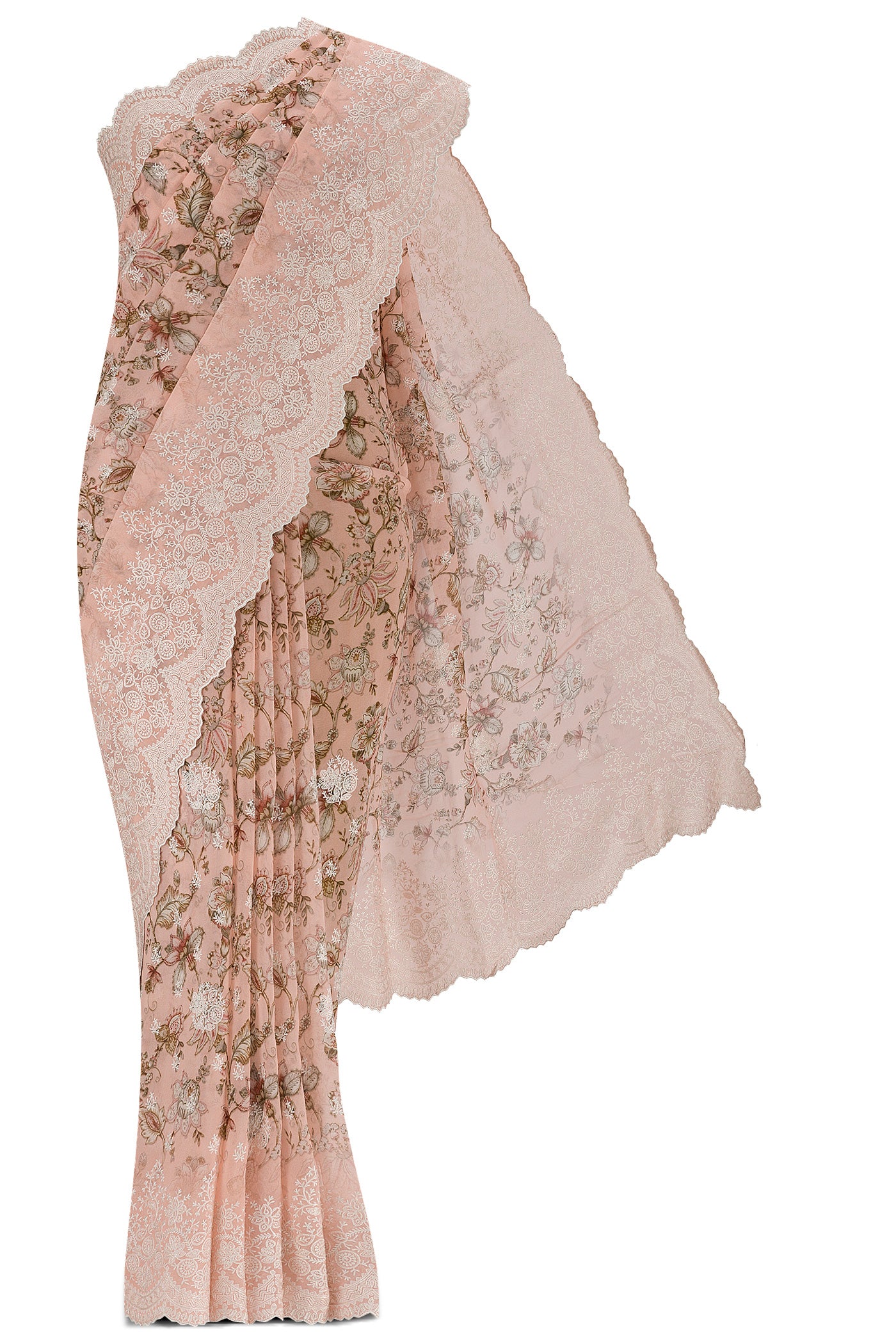 Peach Georgette Saree with Floral Print on the body and Embroidery Border.  displayed on a mannequin