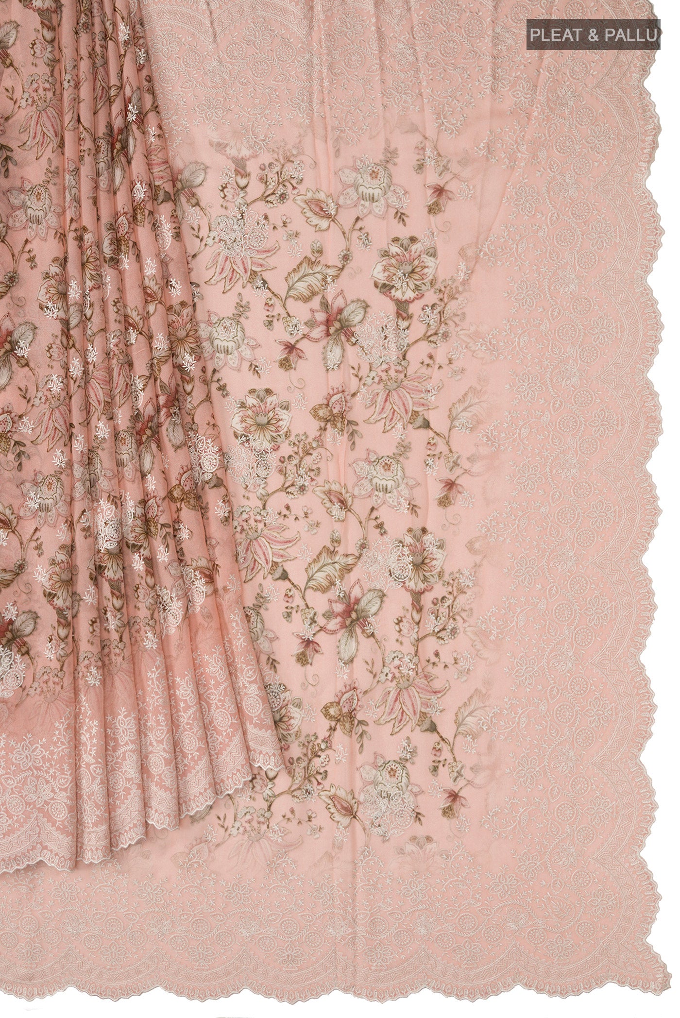 Pleats and pallu of Peach Georgette Saree with Floral Print on the body and Embroidery Border. 