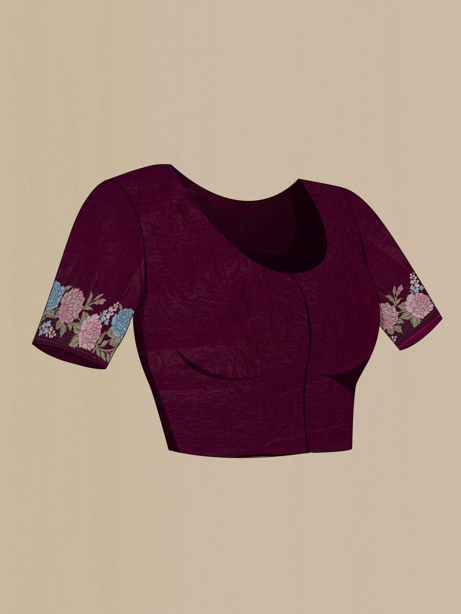 Close up image of the blouse of Purple Blended Organza Silk Saree with Plain Body and Embroidery Border. 