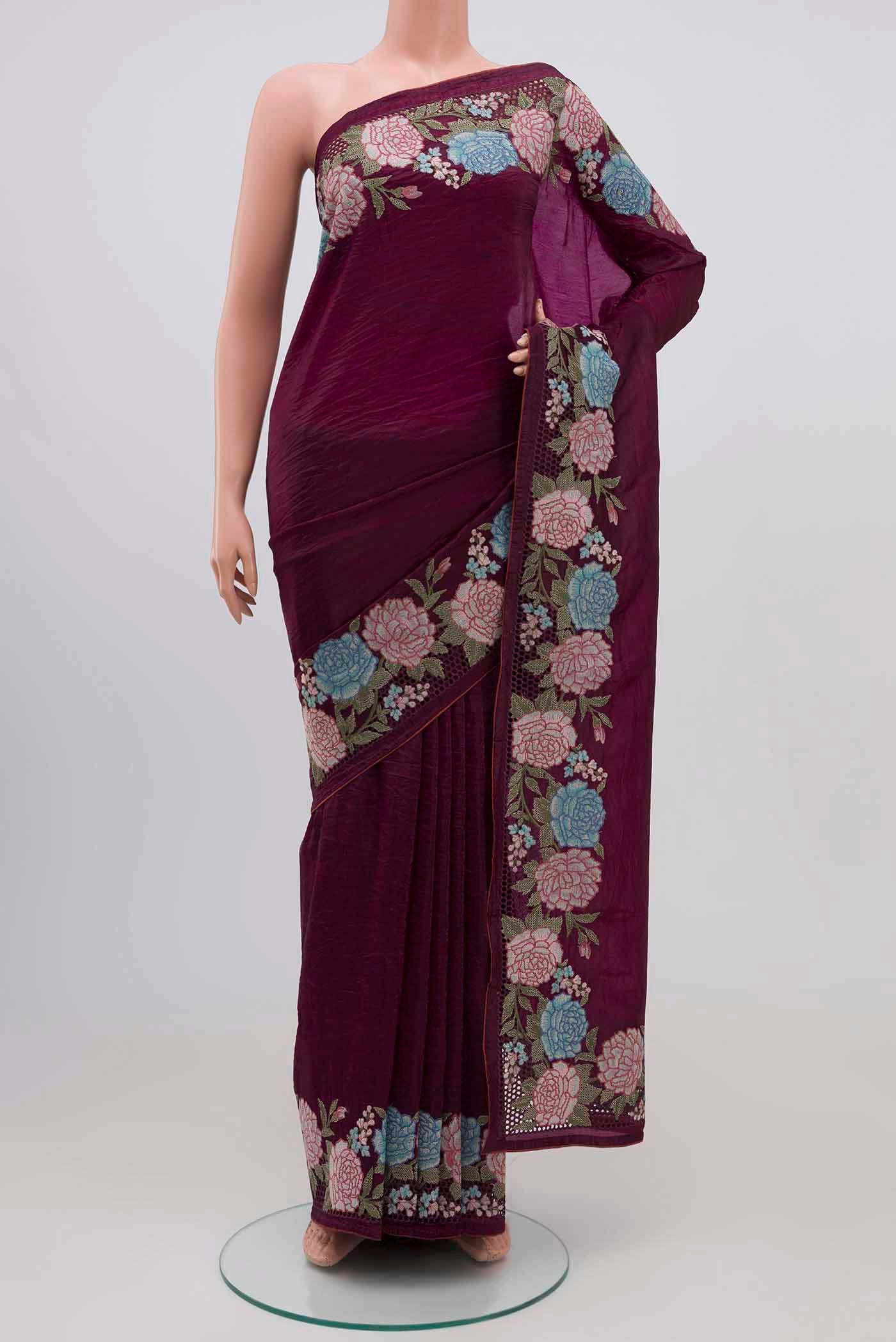 Purple Blended Organza Silk Saree with Plain Body and Embroidery Border.  displayed on a mannequin