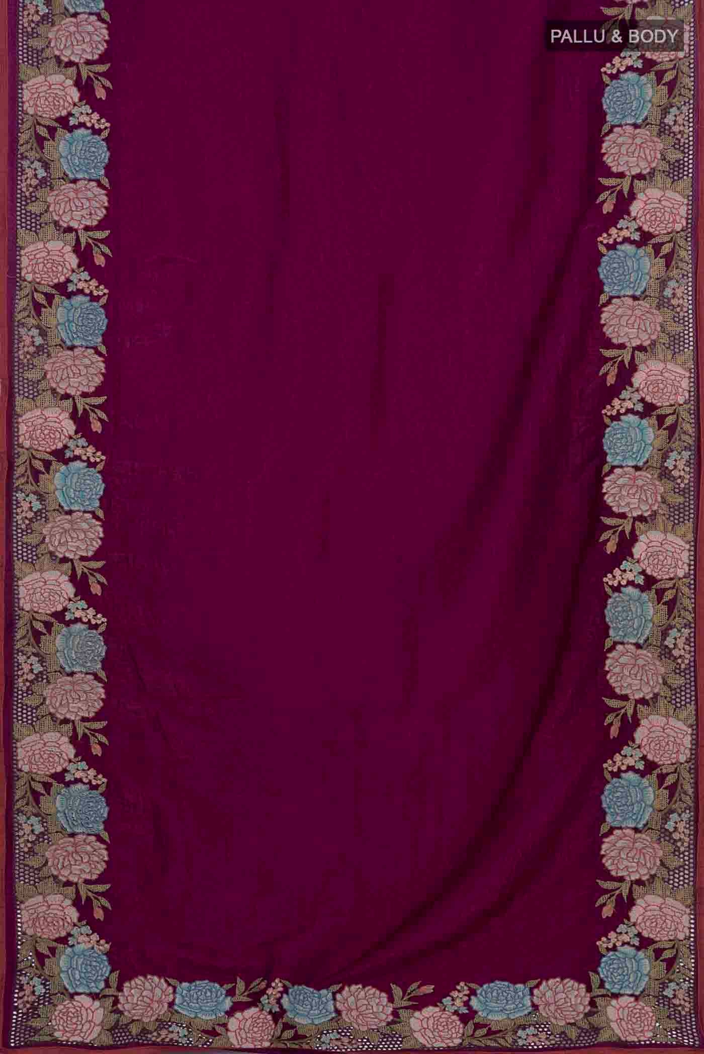 Flat view of Purple Blended Organza Silk Saree with Plain Body and Embroidery Border. 