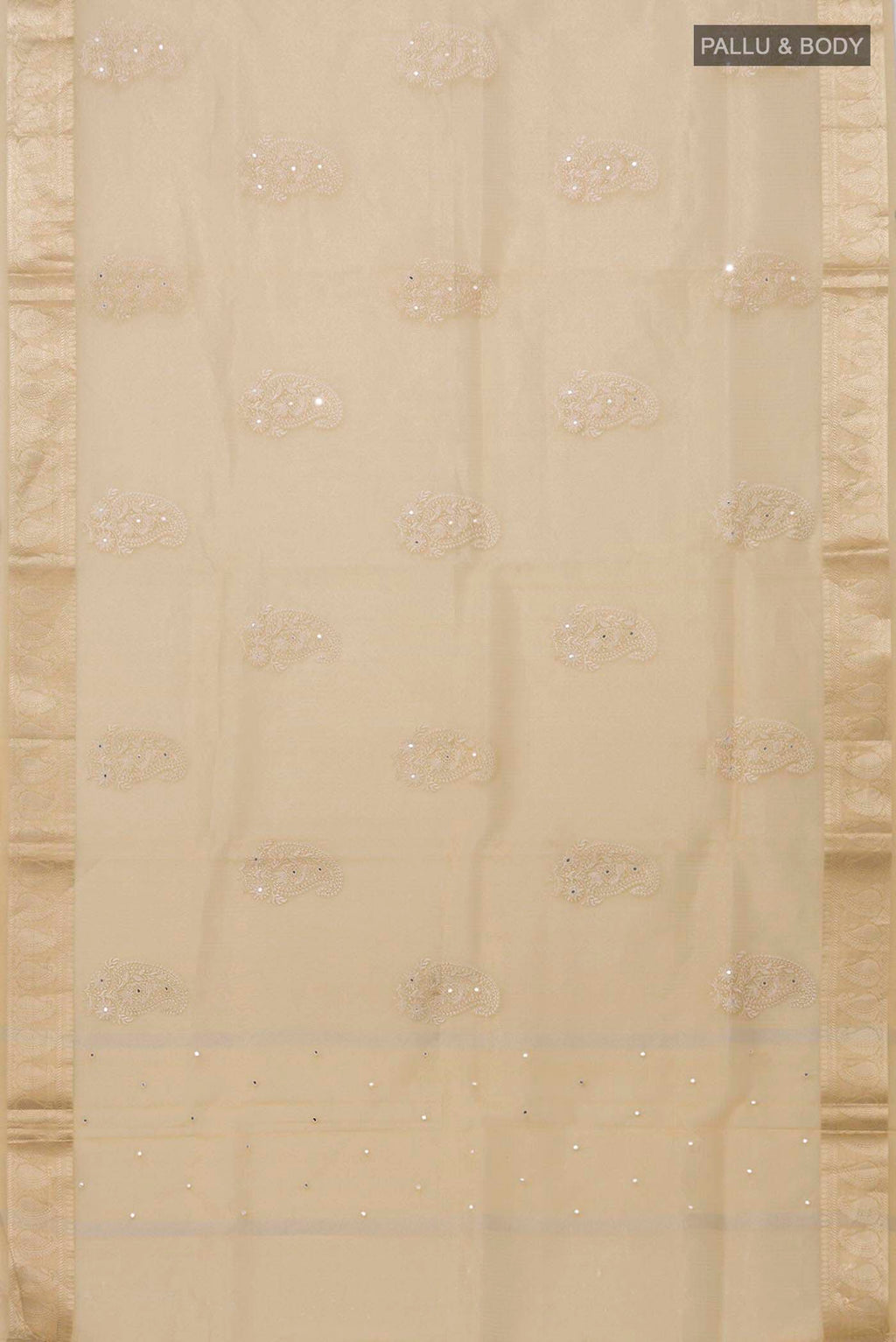 Flat view of Sandal Blended Kota Silk Saree with Embroidery on the body and Zari Border. 