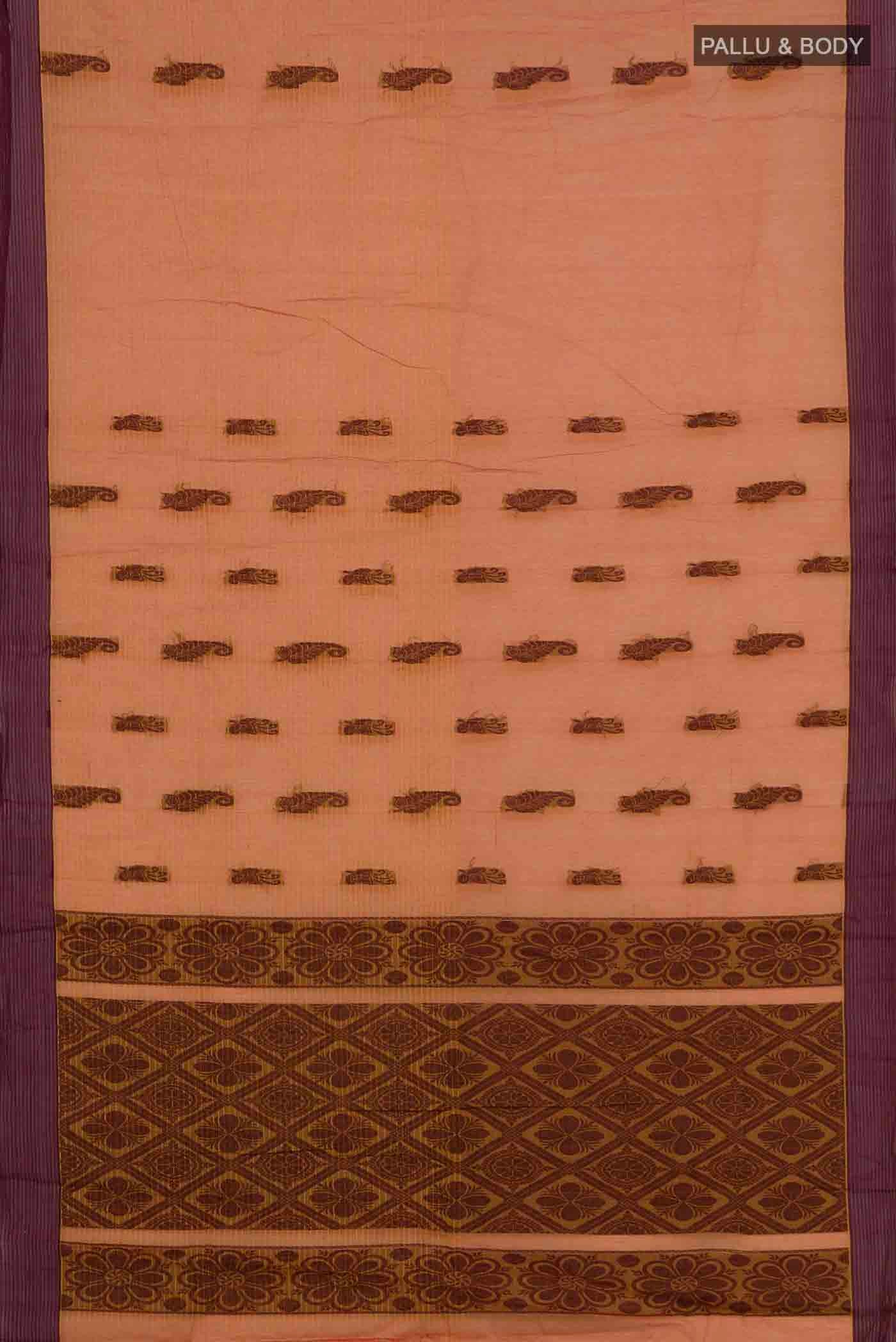 Flat view of Mustard Kanchi Cotton Saree with Thread Butta on the body and Plain Border. 