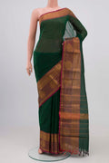 Green Kanchi Cotton Saree with Plain Body and Zari Border.  displayed on a mannequin