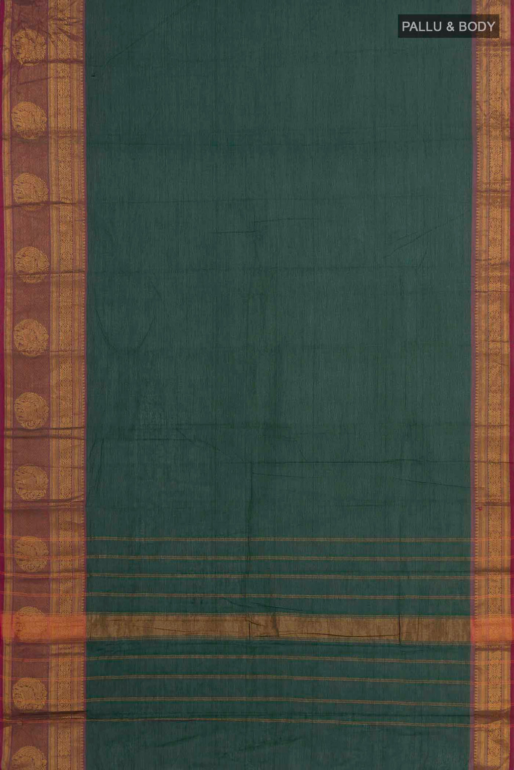 Flat view of Green Kanchi Cotton Saree with Plain Body and Zari Border. 