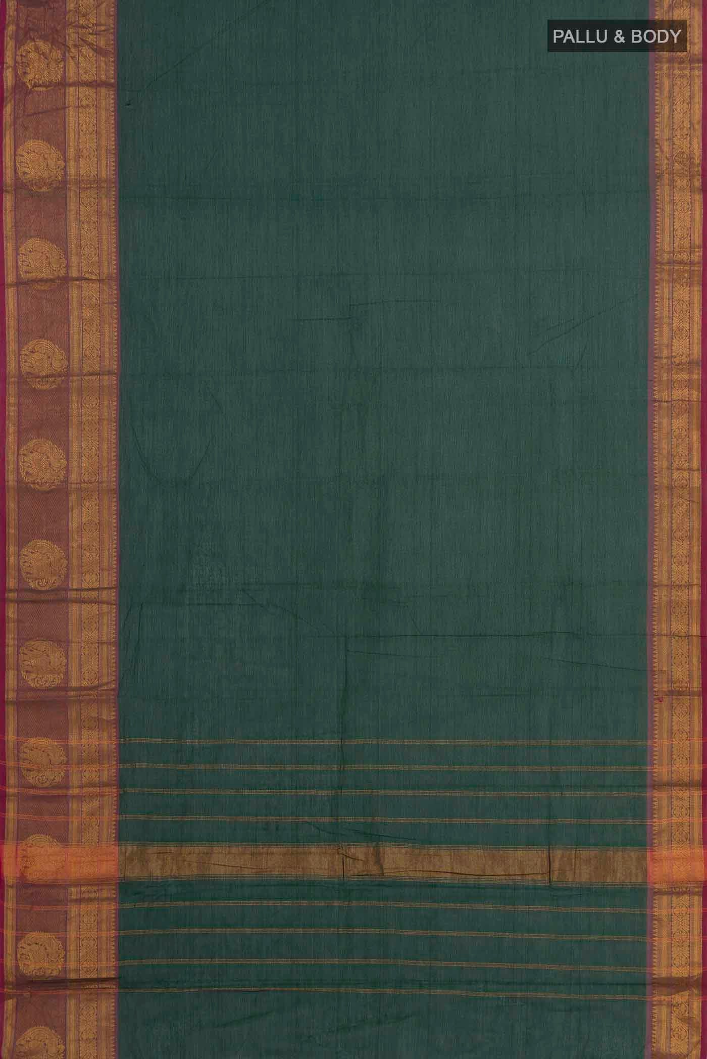 Flat view of Green Kanchi Cotton Saree with Plain Body and Zari Border. 