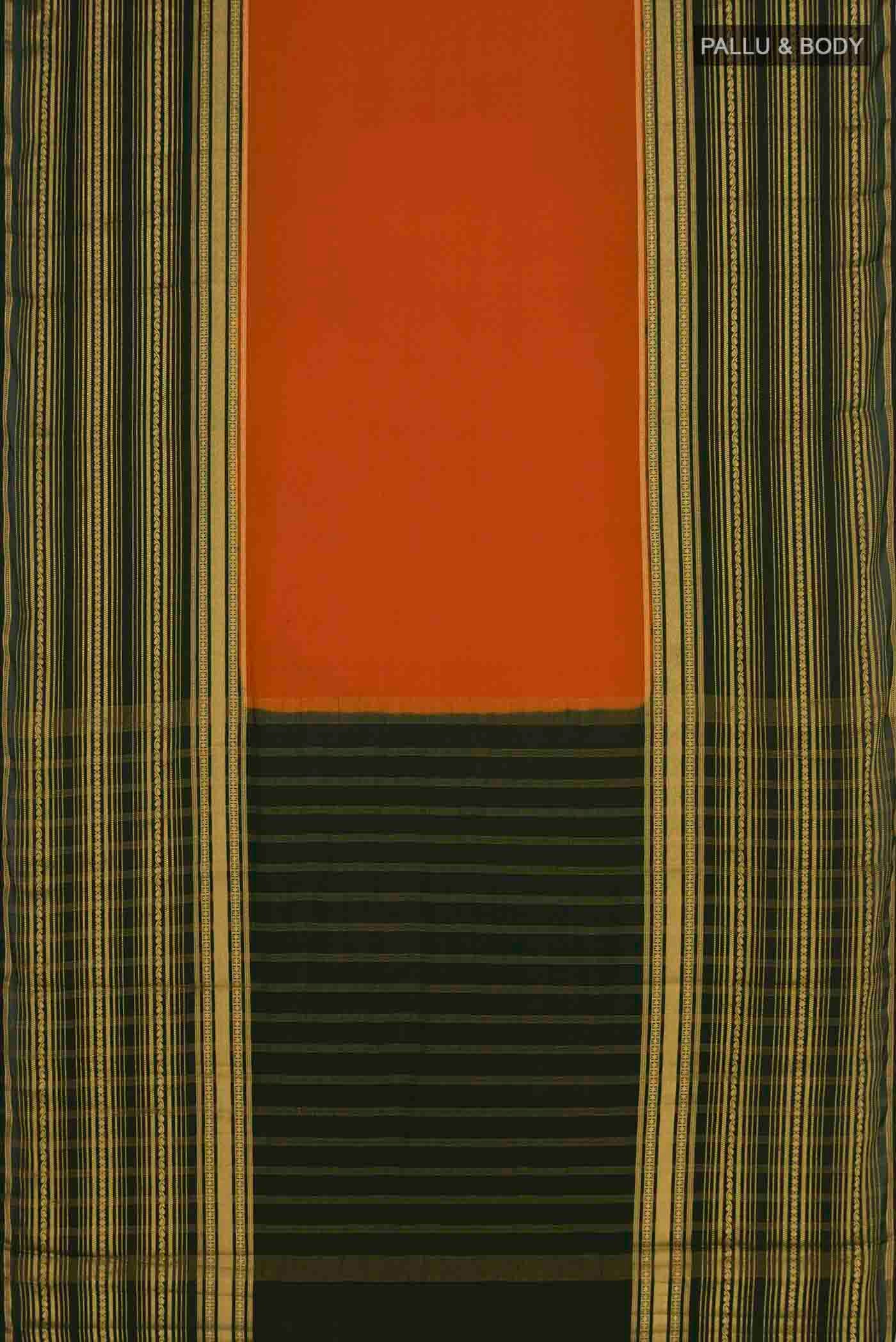 Flat view of Orange Blended Crepe Saree with Plain Body and Zari Border. 