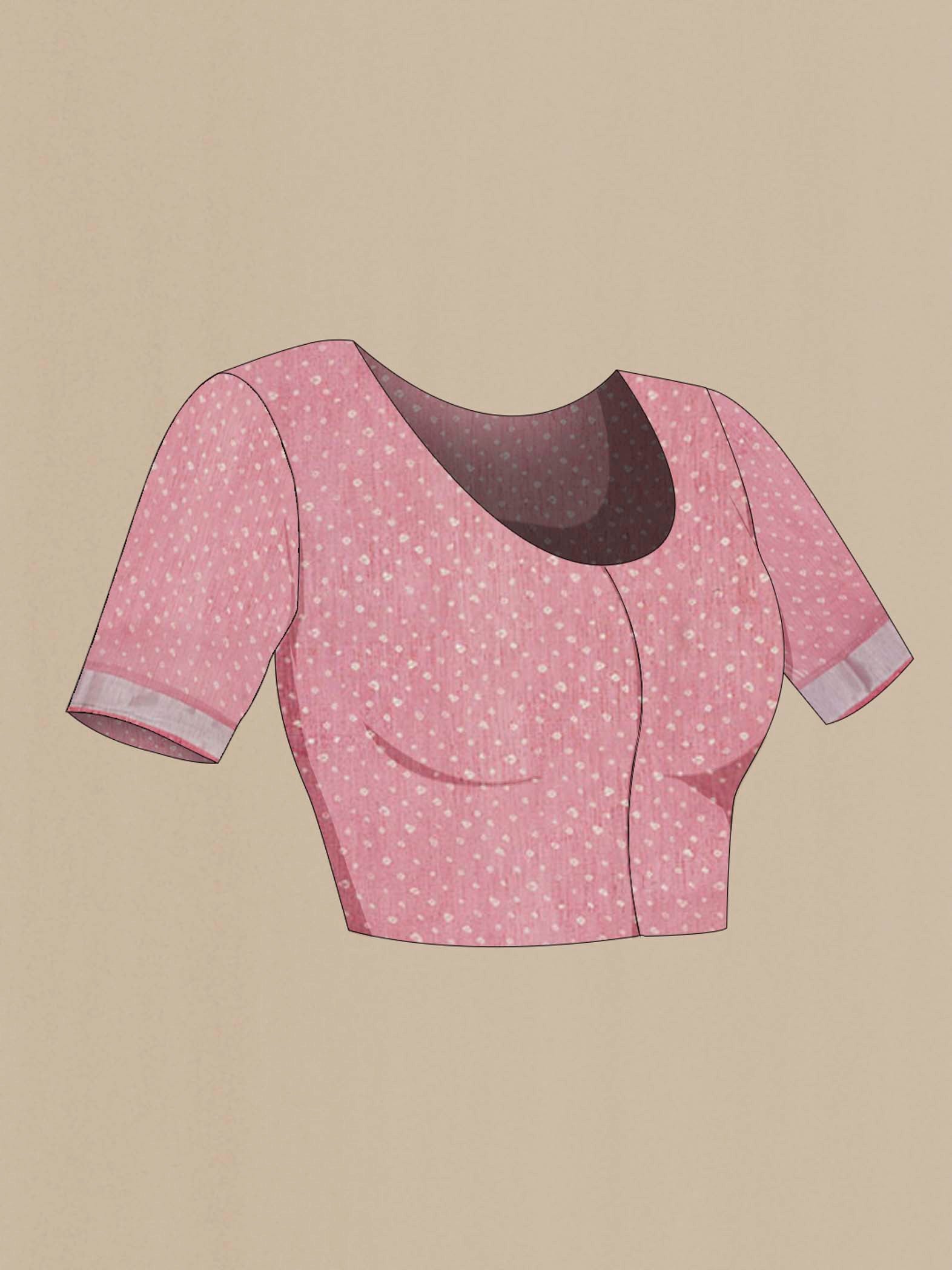 Close up image of the blouse of Peach Blended Tussar Silk Saree with Printed design on the body and Zari Border. 