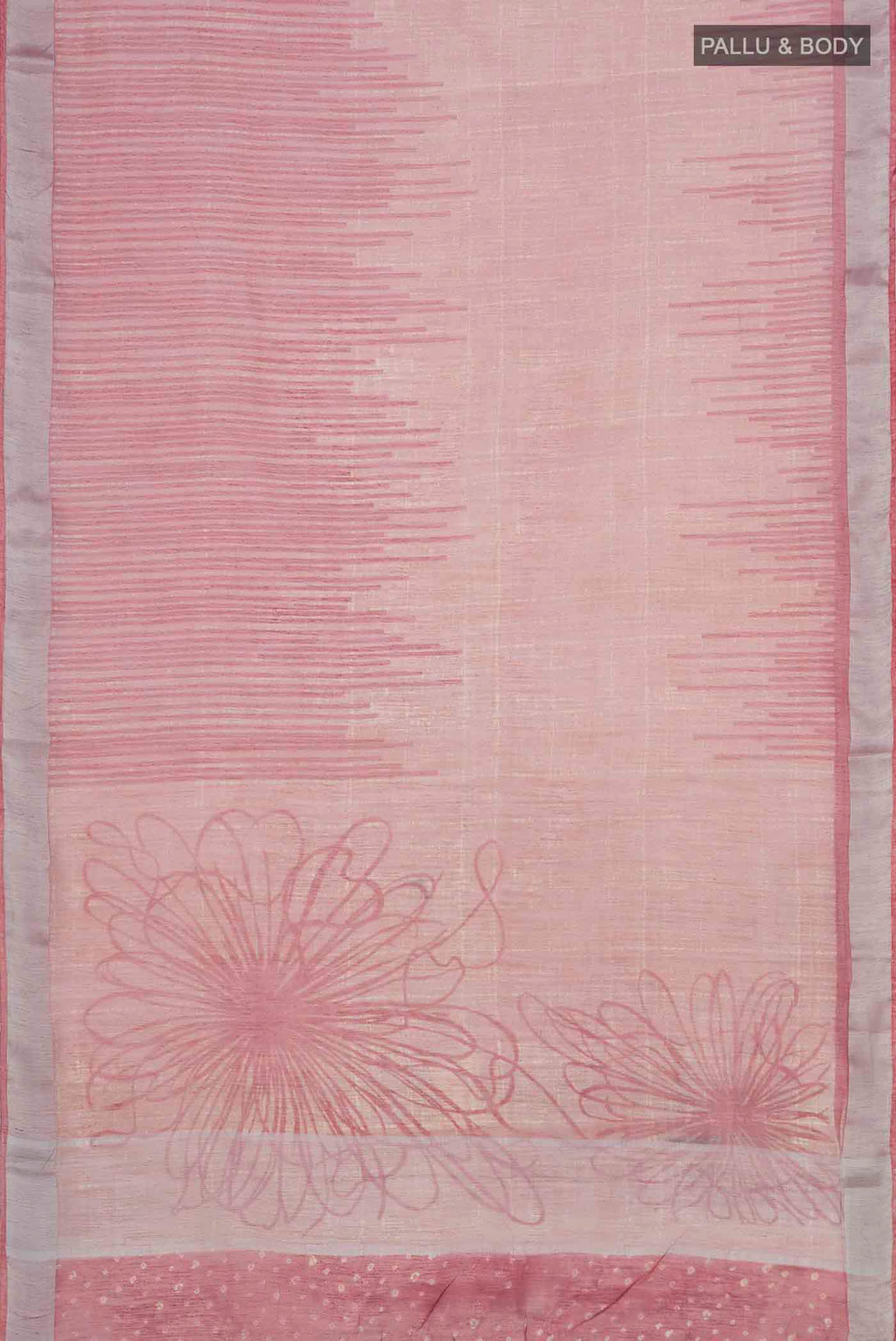 Flat view of Peach Blended Tussar Silk Saree with Printed design on the body and Zari Border. 