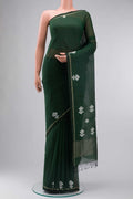 Bottle Green Dual Tone Bengal Cotton Saree with Plain Body and Zari Border displayed on a mannequin