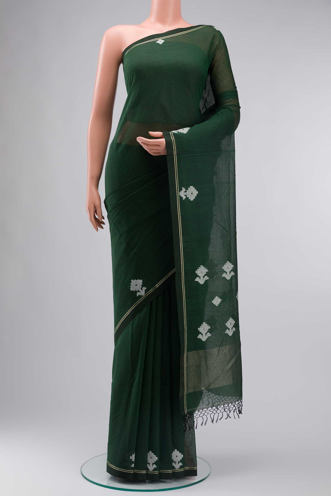 Bottle Green Dual Tone Bengal Cotton Saree with Plain Body and Zari Border displayed on a mannequin