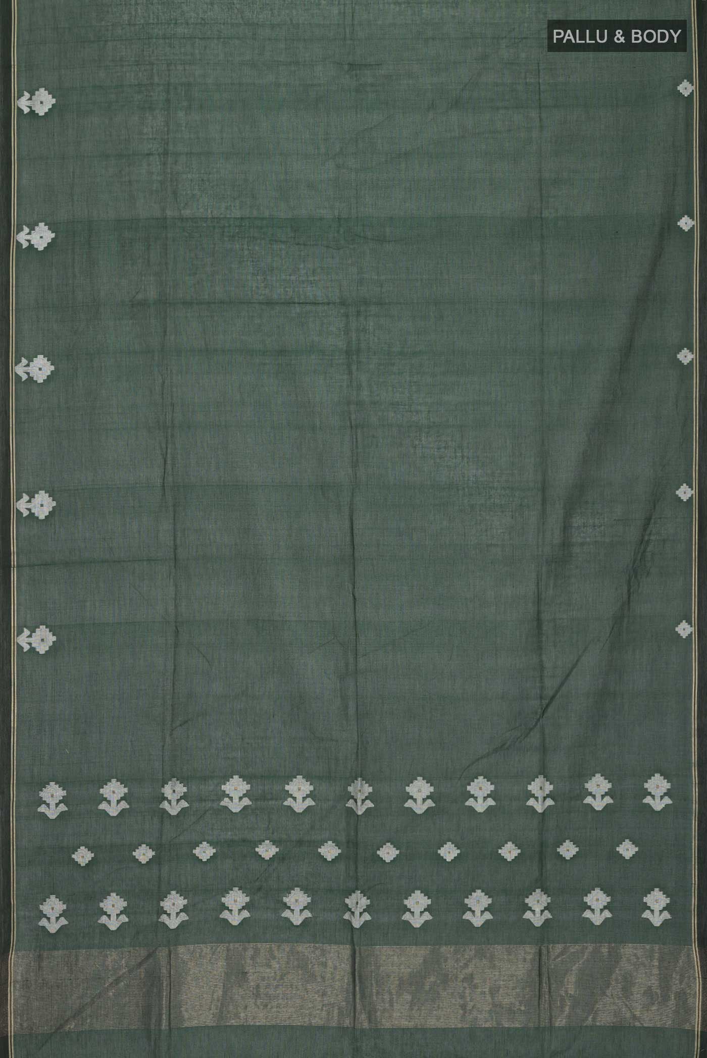 Flat view of Bottle Green Dual Tone Bengal Cotton Saree with Plain Body and Zari Border