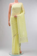 Lemon Yellow Bengal Cotton Saree with Jamdani on the body and Zari Border displayed on a mannequin