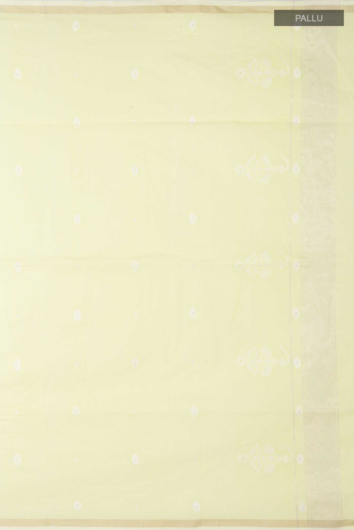Close up image of the pallu of Lemon Yellow Bengal Cotton Saree with Jamdani on the body and Zari Border