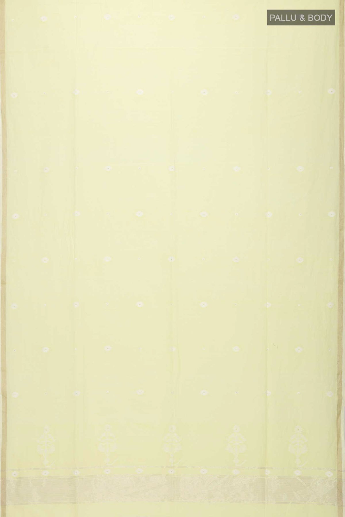 Flat view of Lemon Yellow Bengal Cotton Saree with Jamdani on the body and Zari Border