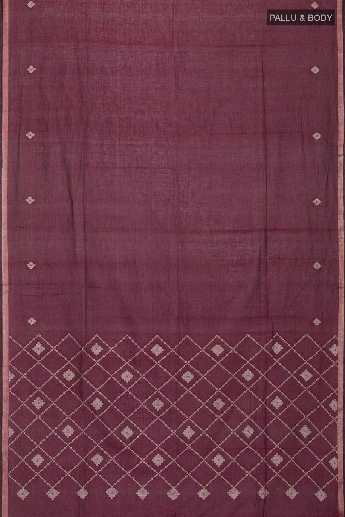 Flat view of Maroon Bengal Cotton Saree with Plain Body and Zari Border
