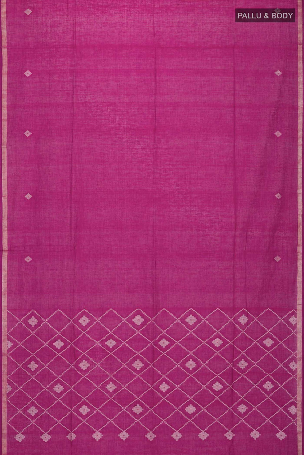 Flat view of Magenta Bengal Cotton Saree with Plain Body and Zari Border