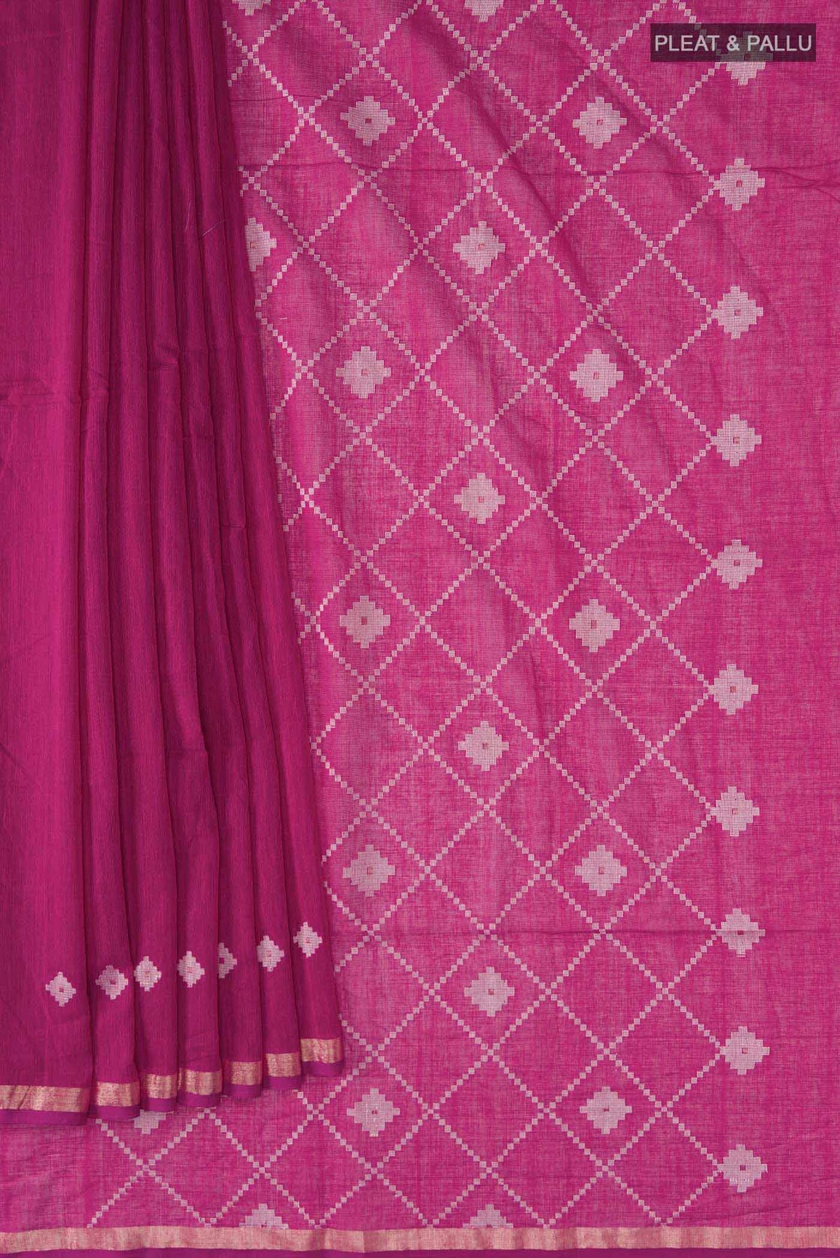 Pleats and pallu of Magenta Bengal Cotton Saree with Plain Body and Zari Border