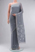 Grey Bengal Cotton Saree with Plain Body and Zari Border displayed on a mannequin