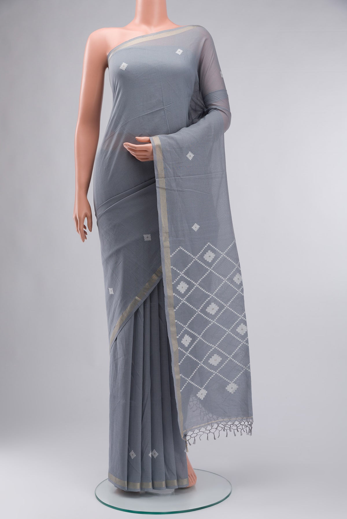 Grey Bengal Cotton Saree with Plain Body and Zari Border displayed on a mannequin