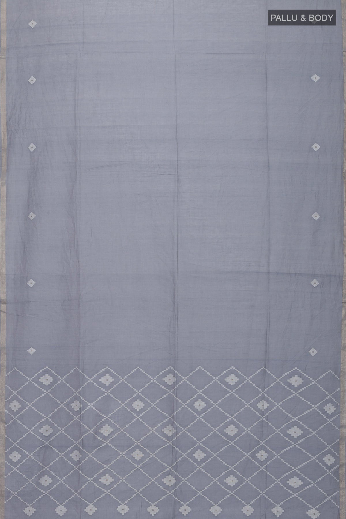 Flat view of Grey Bengal Cotton Saree with Plain Body and Zari Border