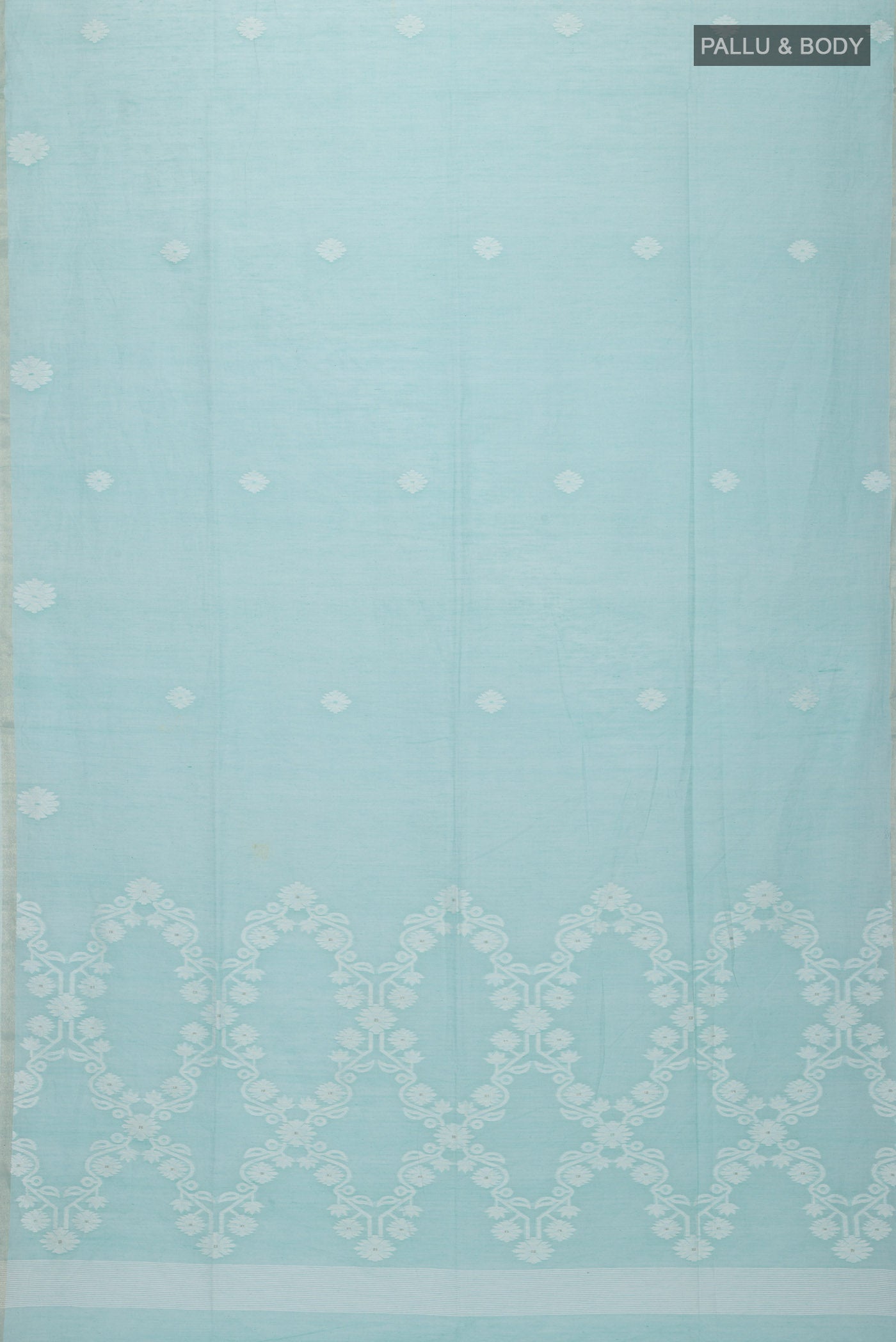 Flat view of Sea Green Bengal Cotton Saree with Thread Butta on the body and Zari Border