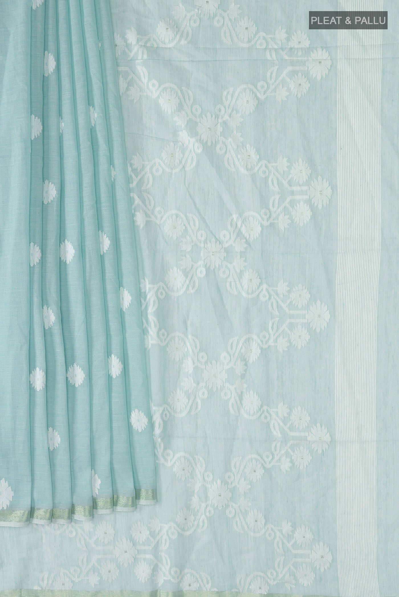 Pleats and pallu of Sea Green Bengal Cotton Saree with Thread Butta on the body and Zari Border
