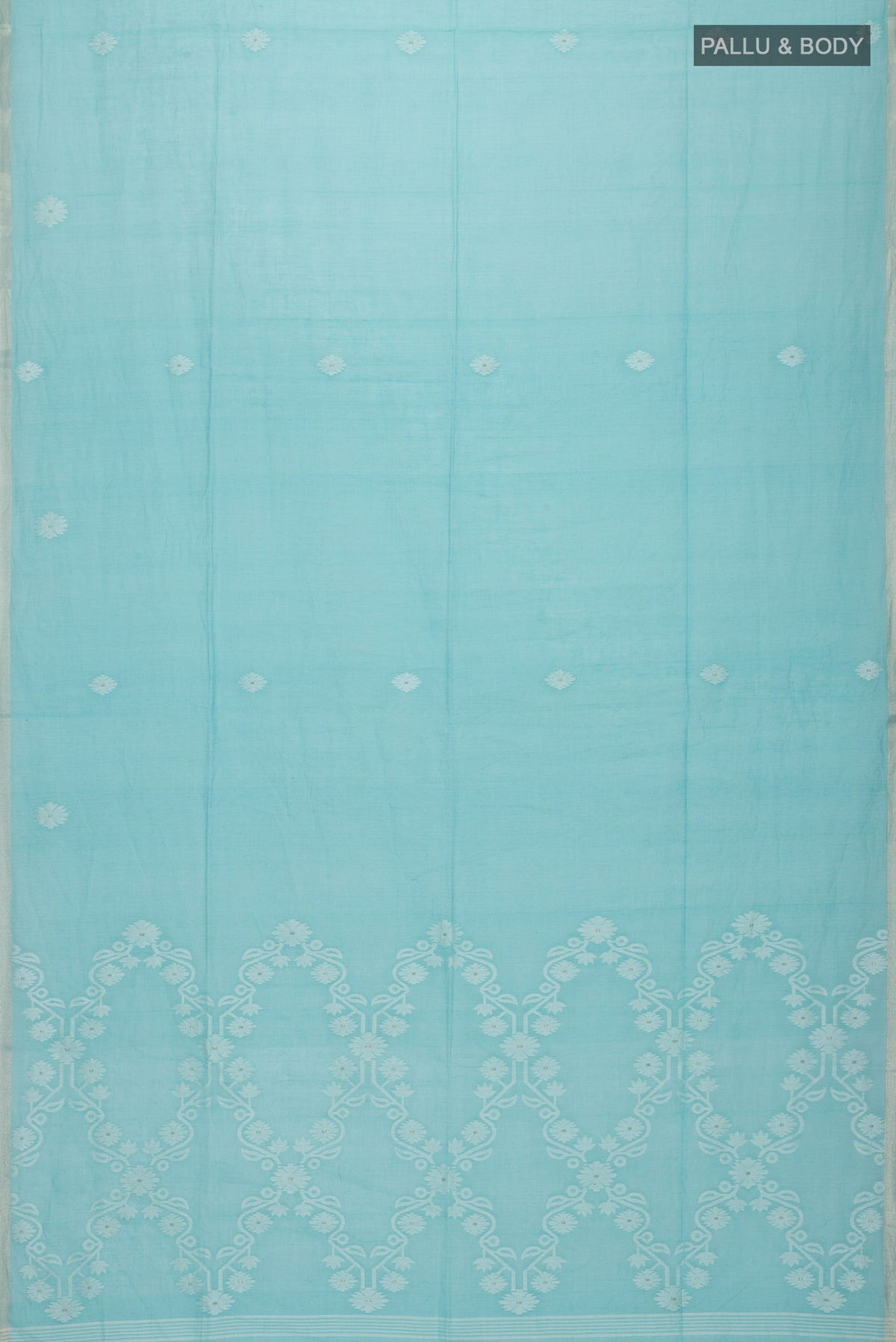 Flat view of Turquoise Bengal Cotton Saree with Jamdani on the body and Zari Border