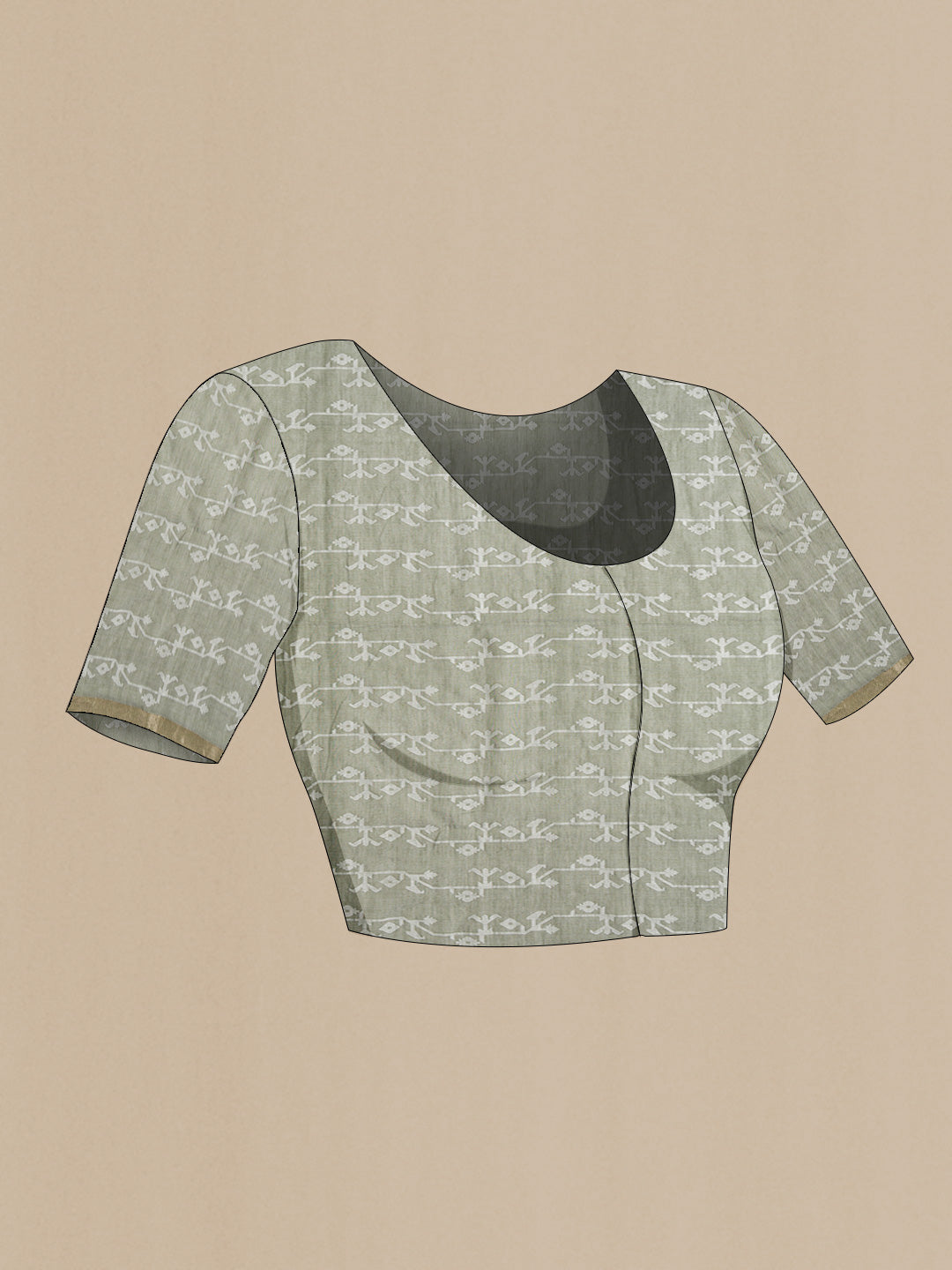 Close up image of the blouse of Olive Green Bengal Cotton Saree with Jamdani on the body and Zari Border