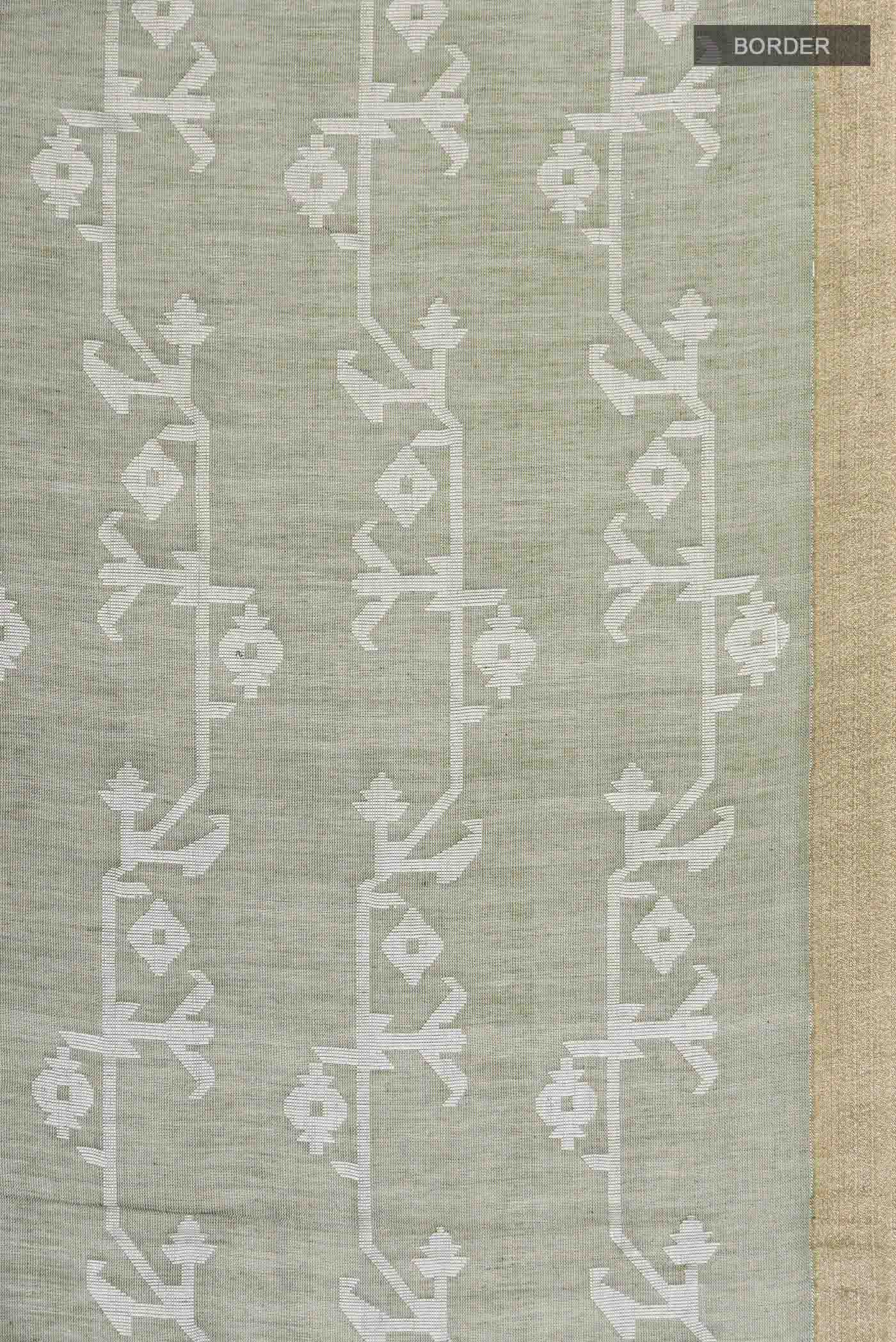 Border image of Olive Green Bengal Cotton Saree with Jamdani on the body and Zari Border