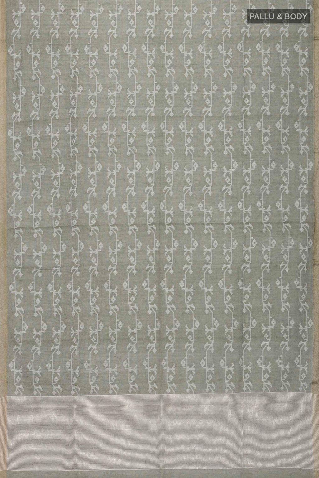 Flat view of Olive Green Bengal Cotton Saree with Jamdani on the body and Zari Border