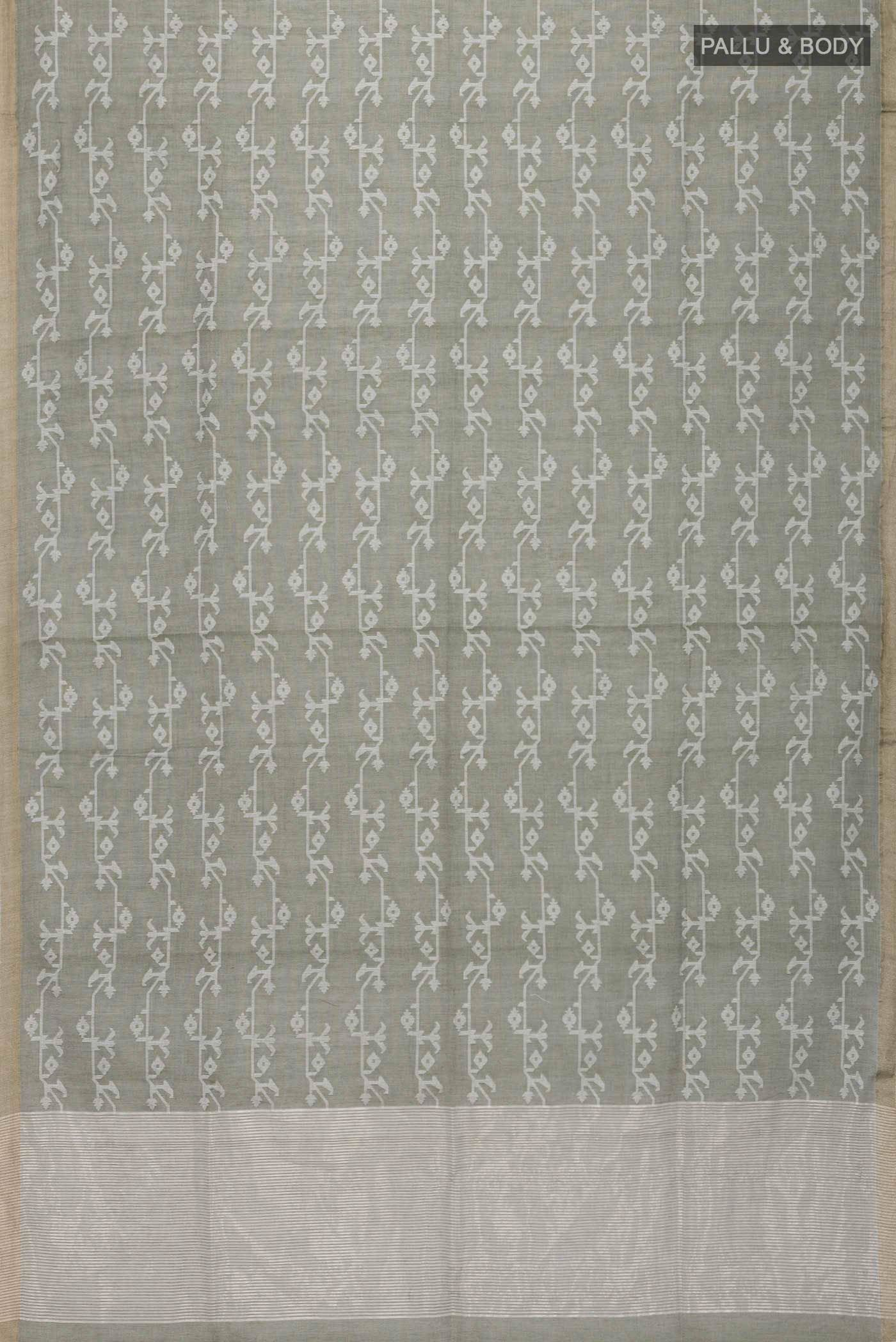 Flat view of Olive Green Bengal Cotton Saree with Jamdani on the body and Zari Border
