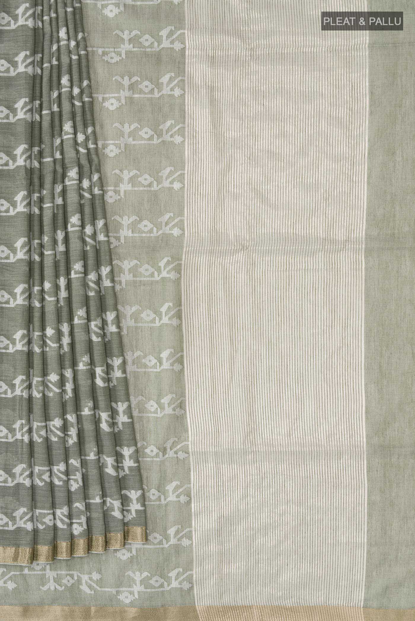 Pleats and pallu of Olive Green Bengal Cotton Saree with Jamdani on the body and Zari Border