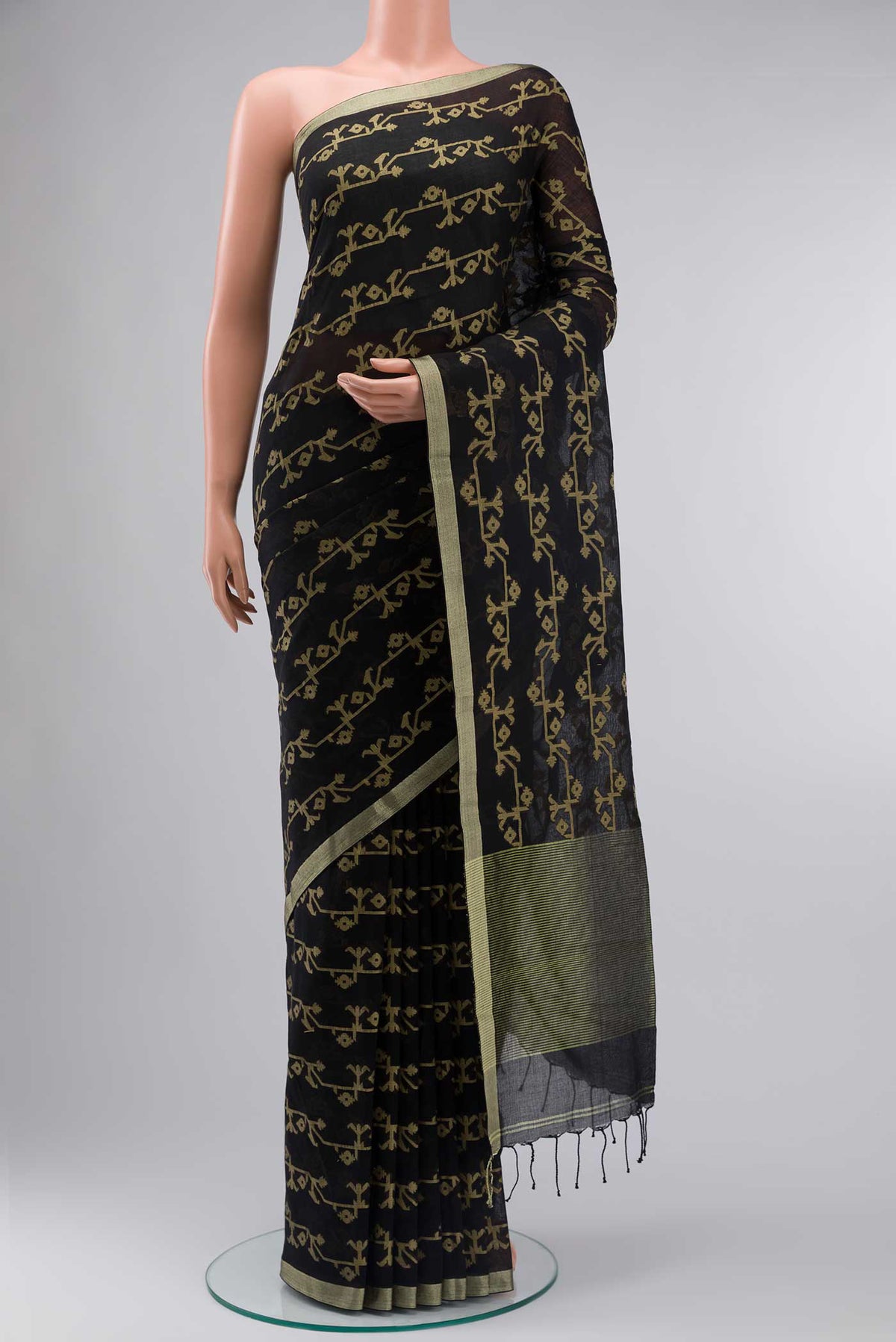 Black Bengal Cotton Saree with Jamdani on the body and Zari Border displayed on a mannequin