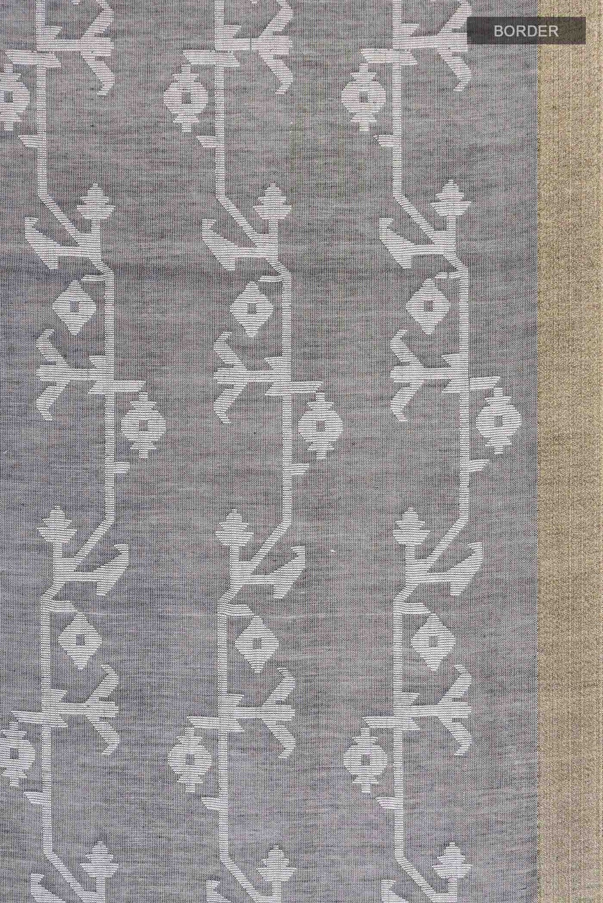 Border image of Grey Bengal Cotton Saree with Jamdani on the body and Zari Border